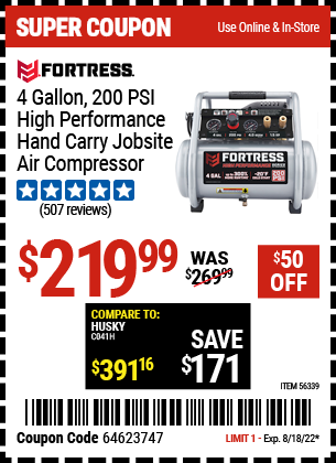 Harbor Freight Tools Coupons, Harbor Freight Coupon, HF Coupons-Fortress 4 Gallon, 1.5 Hp, 200 Psi Oil-free Professional Air Compressor