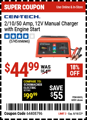 Harbor Freight Tools Coupons, Harbor Freight Coupon, HF Coupons-12 Volt, 2/10/50 Amp Battery Charger/engine Starter