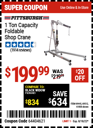 Harbor Freight Tools Coupons, Harbor Freight Coupon, HF Coupons-1 Ton Capacity Foldable Shop Crane