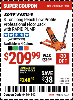 Harbor Freight Tools Coupons, Harbor Freight Coupon, HF Coupons-DAYTONA 3 Ton Long Reach Low Profile Professional Rapid Pump Floor Jack for $169.99