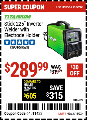Harbor Freight Tools Coupons, Harbor Freight Coupon, HF Coupons-Titanium Stick 225 Inverter Welder With Electrode Holder