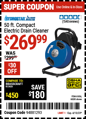 Harbor Freight Tools Coupons, Harbor Freight Coupon, HF Coupons-50 Ft. Electric Drain Cleaner