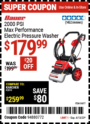 Harbor Freight Tools Coupons, Harbor Freight Coupon, HF Coupons-BAUER 2000 PSI Max Performance Electric Pressure Washer for $159.99