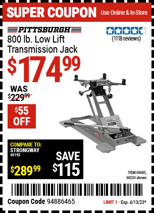 Harbor Freight Tools Coupons, Harbor Freight Coupon, HF Coupons-800 Lb. Capacity Low Lift Transmission Jack