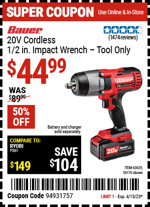 Harbor Freight Tools Coupons, Harbor Freight Coupon, HF Coupons-Bauer 20 Volt Lithium Cordless 1/2