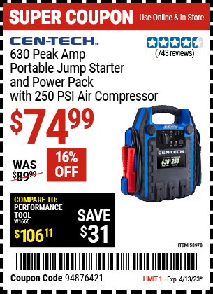 Harbor Freight Tools Coupons, Harbor Freight Coupon, HF Coupons-630 Peak Amp Portable Jump Starter and Power Pack with 250 PSI Air Compressor