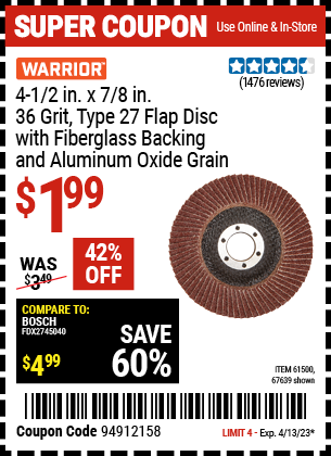 Harbor Freight Tools Coupons, Harbor Freight Coupon, HF Coupons-4-1/2 In. 36 Grit Flap Disc