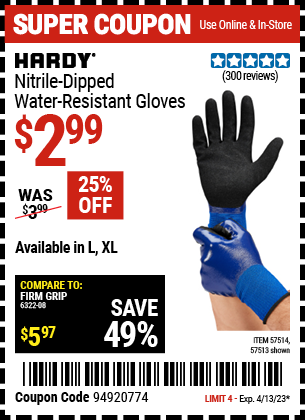 Harbor Freight Tools Coupons, Harbor Freight Coupon, HF Coupons-Nitrile Dipped Waterproof Gloves X-Large