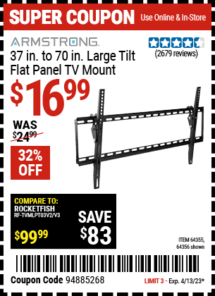Harbor Freight Tools Coupons, Harbor Freight Coupon, HF Coupons-ARMSTRONG Large Tilt Flat Panel TV Mount for $19.99