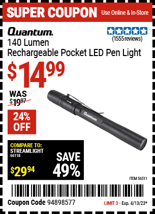 Harbor Freight Tools Coupons, Harbor Freight Coupon, HF Coupons-140 Lumen Pocket Rechargeable Pen Light