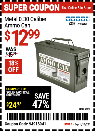 Harbor Freight Tools Coupons, Harbor Freight Coupon, HF Coupons-Metal 0.30 Caliber Ammo Can