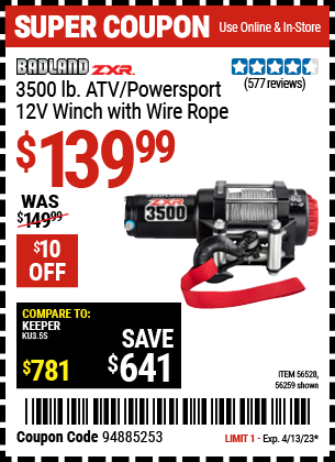 Harbor Freight Tools Coupons, Harbor Freight Coupon, HF Coupons-BADLAND ZXR 2500 LB. ATV/Utility Electric Winch with Wireless Remote Control