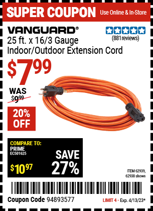 Harbor Freight Tools Coupons, Harbor Freight Coupon, HF Coupons-25 ft. x 16 Gauge Indoor/Outdoor Extension Cord