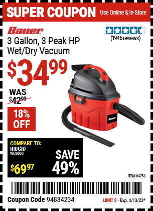 Harbor Freight Tools Coupons, Harbor Freight Coupon, HF Coupons-3 Gallon Wet/dry Vacuum