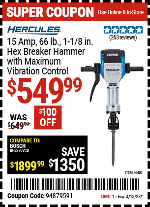 Harbor Freight Tools Coupons, Harbor Freight Coupon, HF Coupons-Hercules 15 Amp Pro, 1-1/8' Hex Breaker Hammer Kit