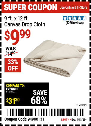 Harbor Freight Tools Coupons, Harbor Freight Coupon, HF Coupons-9 Ft. X 12 Ft. Canvas Drop Cloth