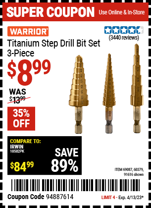 Harbor Freight Tools Coupons, Harbor Freight Coupon, HF Coupons-3 Piece Titanium High Speed Steel Step Bits