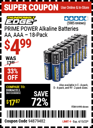 Harbor Freight Tools Coupons, Harbor Freight Coupon, HF Coupons-Thunderbolt Edge Alkaline Plus Batteries, Aa, Aaa - 18pk