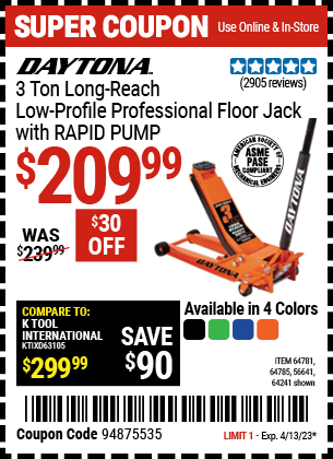 Harbor Freight Tools Coupons, Harbor Freight Coupon, HF Coupons-DAYTONA 3 Ton Long Reach Low Profile Professional Rapid Pump Floor Jack for $169.99