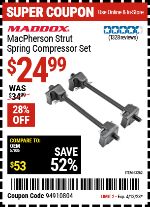 Harbor Freight Tools Coupons, Harbor Freight Coupon, HF Coupons-Macpherson Strut Spring Compressor Set