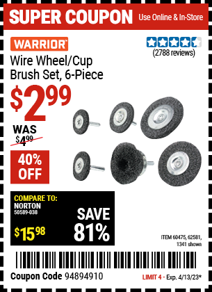 Harbor Freight Tools Coupons, Harbor Freight Coupon, HF Coupons-6 Piece Wire Wheel And Cup Brush Set