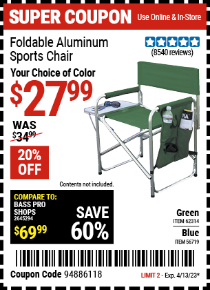 Harbor Freight Tools Coupons, Harbor Freight Coupon, HF Coupons-Foldable Aluminum Sports Chair