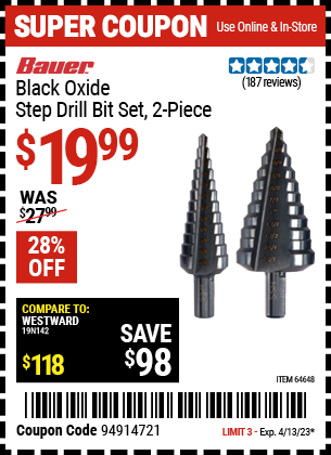 Harbor Freight Tools Coupons, Harbor Freight Coupon, HF Coupons-2 Piece Black Oxide Coated M2 Steel High Speed Step Bits