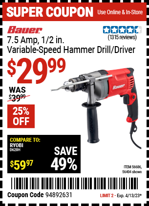 Harbor Freight Tools Coupons, Harbor Freight Coupon, HF Coupons-1/2 in.  7.5  Amp Variable Speed Reversible Hammer Drill