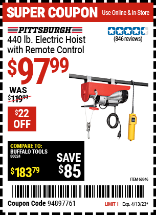 Harbor Freight Tools Coupons, Harbor Freight Coupon, HF Coupons-440 Lb. Capacity Electric Hoist With Remote Control