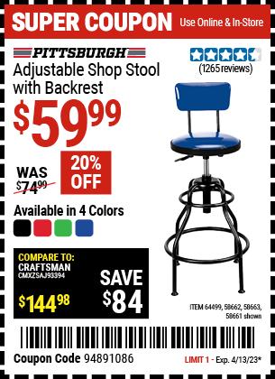 Harbor Freight Tools Coupons, Harbor Freight Coupon, HF Coupons-Adjustable Shop Stool With Backrest