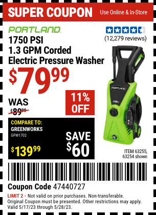 Harbor Freight Tools Coupons, Harbor Freight Coupon, HF Coupons-1750 Psi Electric Pressure Washer