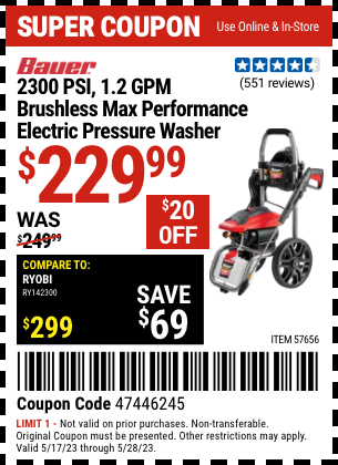Harbor Freight Tools Coupons, Harbor Freight Coupon, HF Coupons-2300 PSI 1.2 GPM Brushless Max Performance Electric Pressure Washer