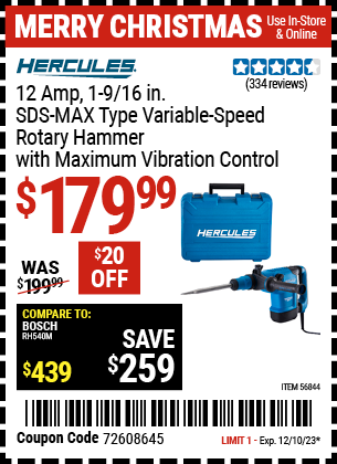 Harbor Freight Coupons, HF Coupons, 20% off - 12 Amp 1-9/16 in.  SDS Max-Type Variable Speed Rotary Hammer