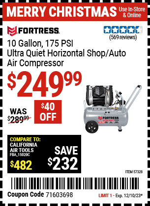 Harbor Freight Coupons, HF Coupons, 20% off - 10 Gallon 175 PSI Ultra Quiet Horizontal Shop/Auto Air Compressor