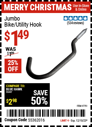 Harbor Freight Coupons, HF Coupons, 20% off - Jumbo Bike/utility Hook