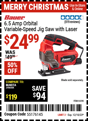Harbor Freight Coupons, HF Coupons, 20% off - Bauer 6.5 Amp Heavy Duty Tool-free Variable Speed Orbital Jig Saw