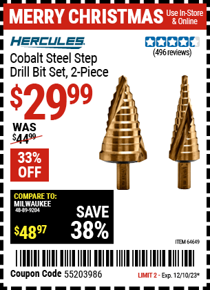 Harbor Freight Coupons, HF Coupons, 20% off - Cobalt Steel Step Drill Bit Set, 2 Pc.