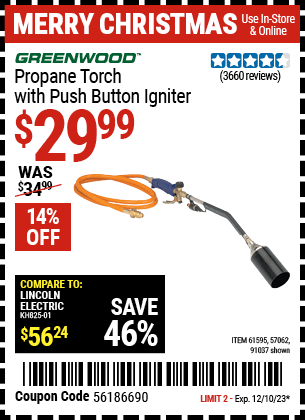 Harbor Freight Coupons, HF Coupons, 20% off - Propane Torch With Push Button Igniter