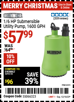 Harbor Freight Coupons, HF Coupons, 20% off - 1/6 Hp Submersible Utility Pump