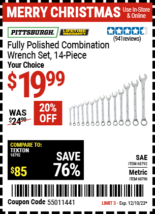 Harbor Freight Coupons, HF Coupons, 20% off - 14 Piece Fully Polished Combination Wrench Sets