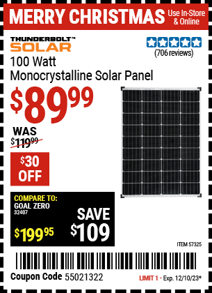 Harbor Freight Coupons, HF Coupons, 20% off - 100 Watt Monocrystalline Solar Panel