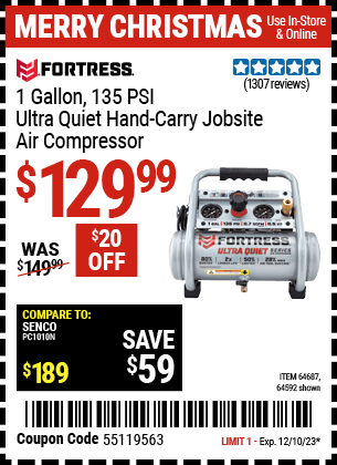 Harbor Freight Coupons, HF Coupons, 20% off - Fortress 1 Gallon, .5hp, 135 Psi Oil Free Portable Air Compressor