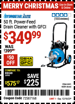 Harbor Freight Coupons, HF Coupons, 20% off - 50 Ft. Commercial Power-feed Drain Cleaner