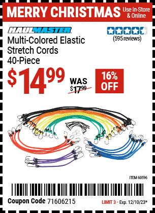 Harbor Freight Coupons, HF Coupons, 20% off - 40 Pc Multicolor Elastic Stretch Cords