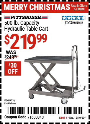 Harbor Freight Coupons, HF Coupons, 20% off - 500 Lb. Capacity Hydraulic Table Cart