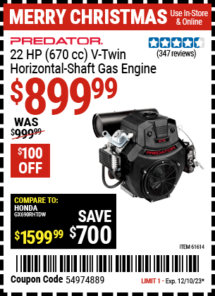 Harbor Freight Coupons, HF Coupons, 20% off - 22 Hp V-twin Gas Engines - 670 Cc Horizontal Shaft Or 708 Cc Vertical Shaft