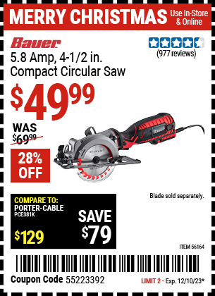 Harbor Freight Coupons, HF Coupons, 20% off - 4-1/2 In. 5.8 Amp Compact Circular Saw