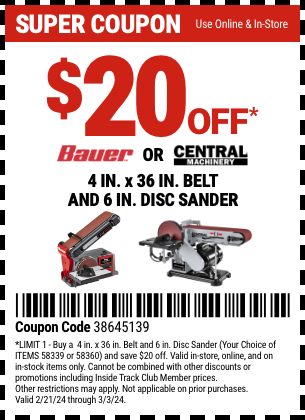 Harbor Freight Coupons, HF Coupons, 20% off - 4 in. x 36 in. Belt and 6 in. Disc Sander