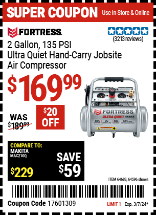 Harbor Freight Coupons, HF Coupons, 20% off - Fortress 2 Gallon, 1.2 Hp, 135 Psi Ultra-quiet, Oil-free Professional Air Compressor