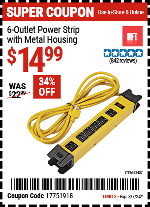 Harbor Freight Coupons, HF Coupons, 20% off - 6 Outlet Heavy Duty Power Strip With Metal Housing